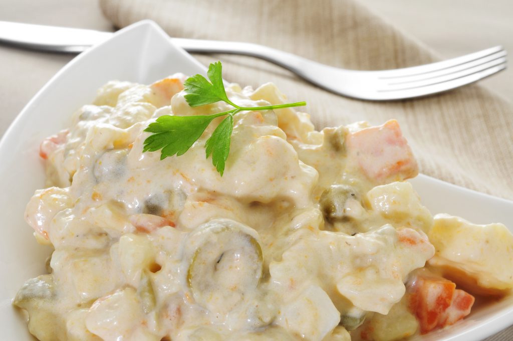 Russian salad in tasting spoons recipe - Olive Oils from Spain