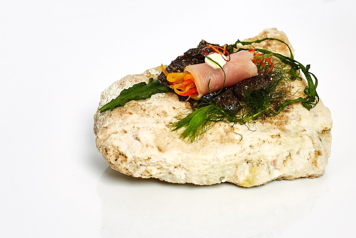 Pickled vegetables rolled inside thinly sliced Yellow fin Tuna - Olive Oils from Spain